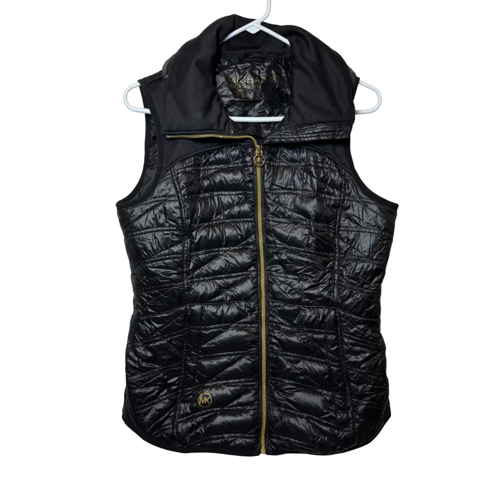 Michael Kors Womens Black Quilted Puffer Vest Gold Logo Zipper Collar Size Small